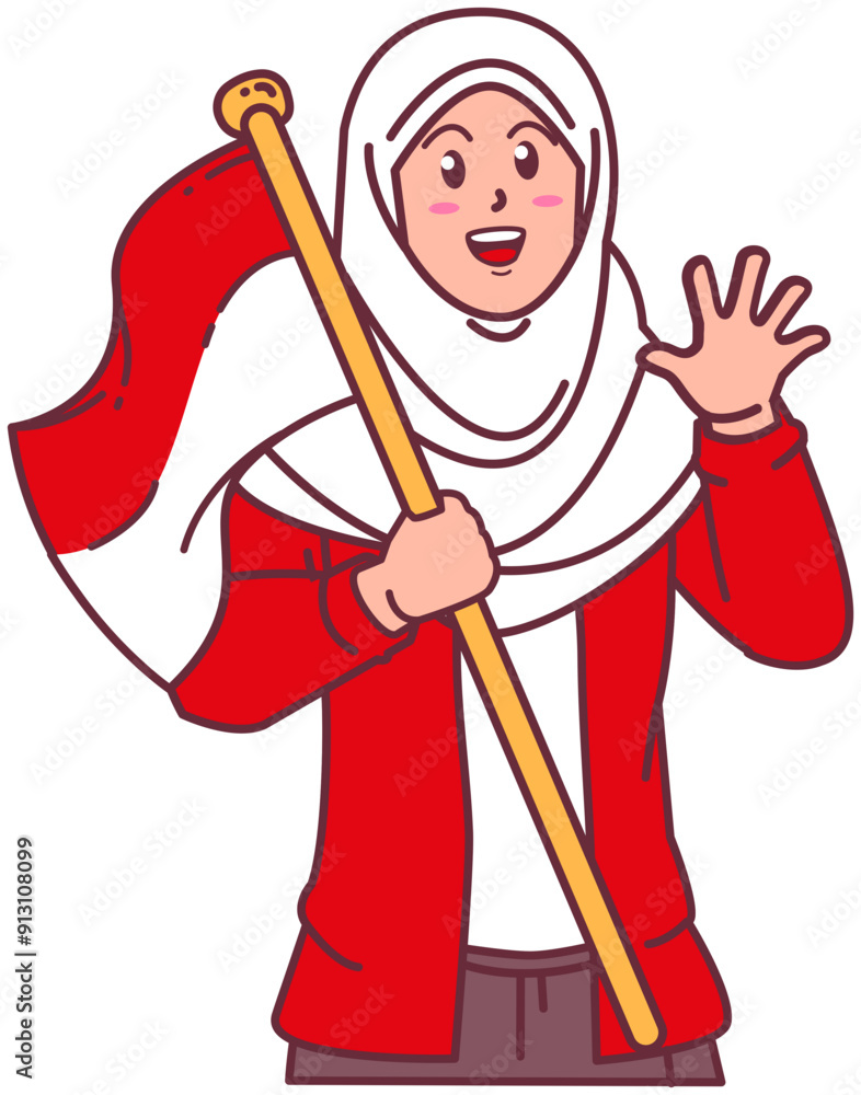 A woman wearing a hijab carries the Indonesian flag, happy Indonesian independence day A woman wearing a hijab carries the Indonesian flag, happy Indonesian independence day