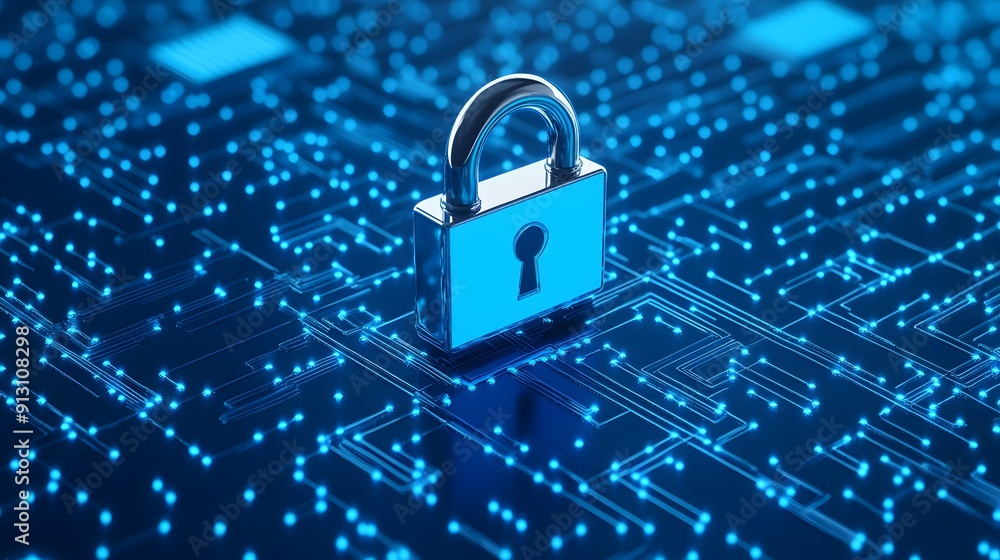 Digital security concept with a padlock on an electronic circuit board, representing data protection and cybersecurity. Digital security concept with a padlock on an electronic circuit board, representing data protection and cybersecurity.
