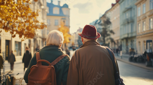  copy space stockphoto, elderly couple visiting a city, tourist publicity photo. Active elderly couple, visiting a city. Travel destination for senior people. Active lifestyle for aged couple. Life in