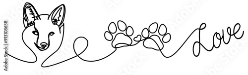One  continuous single line drawing of dog and dog paw with heart and love writing - Vector graphic illustration for Canva, presentation, decoration