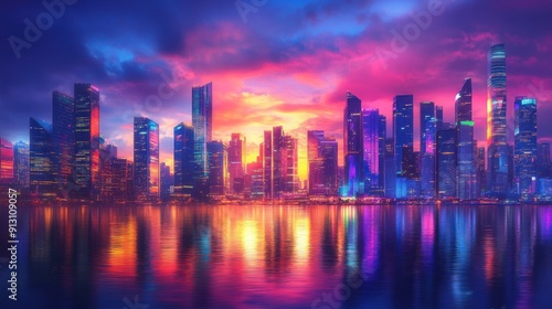 Colorful City Skyline at Dusk Wallpaper