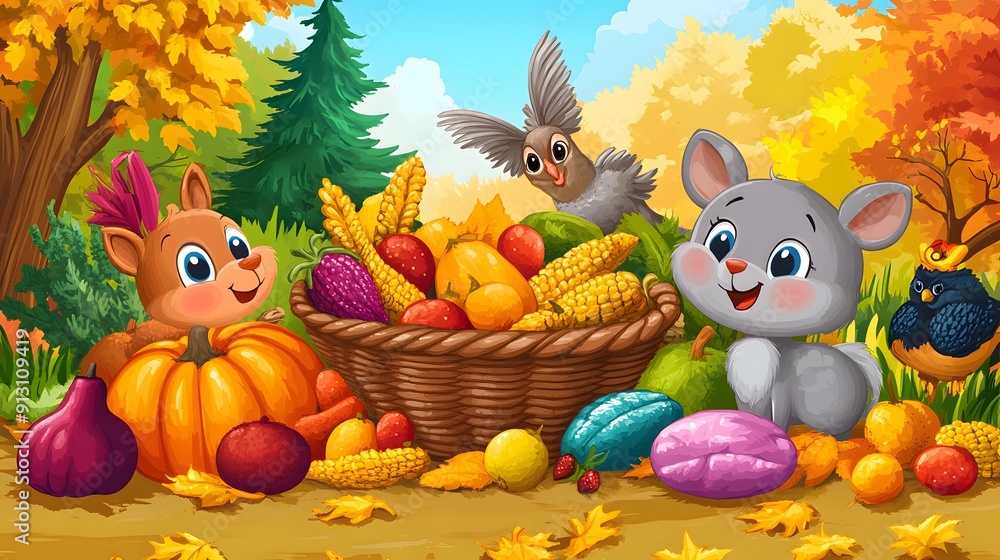 Cartoon animals participating in a Harvest Festival with cornucopia fruits and vegetables Cartoon animals participating in a Harvest Festival with cornucopia fruits and vegetables