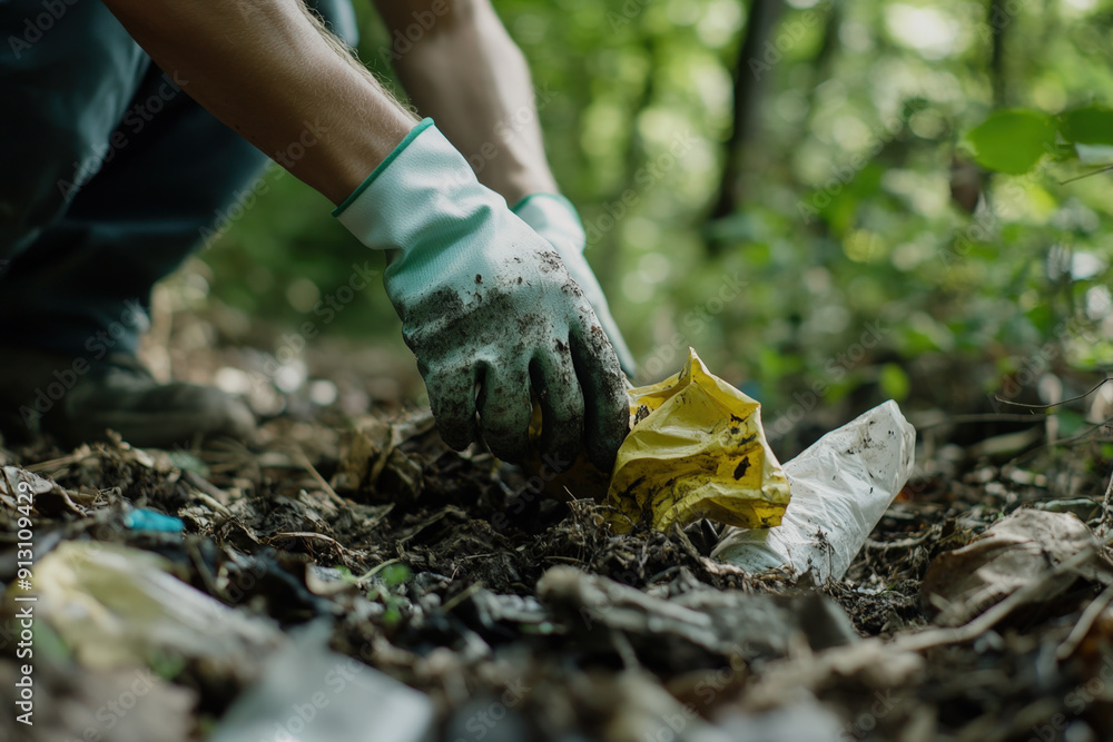 Obraz premium Volunteer is collecting trash in the forest to protect the environment