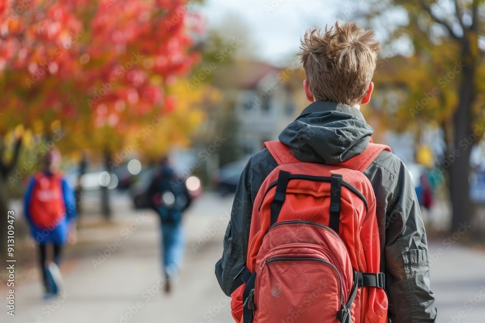Schoolboy with red backpack walking on a street in autumn. Colorful trees in the background. Schoolboy with red backpack walking on a street in autumn. Colorful trees in the background.