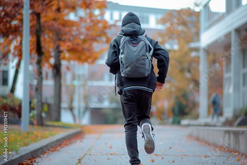 schoolboy with backpack running towards school in morning, seen from behind, on clear day. child eagerly rushing to class, capturing sense of excitement and anticipation for school day ahead