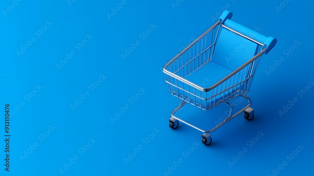 Empty shopping cart on a blue background, symbolizing retail, commerce, and consumerism in a minimalist style. Empty shopping cart on a blue background, symbolizing retail, commerce, and consumerism in a minimalist style.