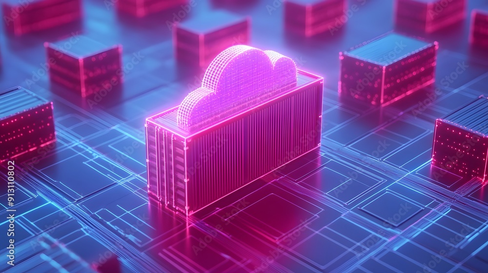 Futuristic digital cloud storage concept with neon glowing servers and data transfer technology, representing modern computing infrastructure. Futuristic digital cloud storage concept with neon glowing servers and data transfer technology, representing modern computing infrastructure.