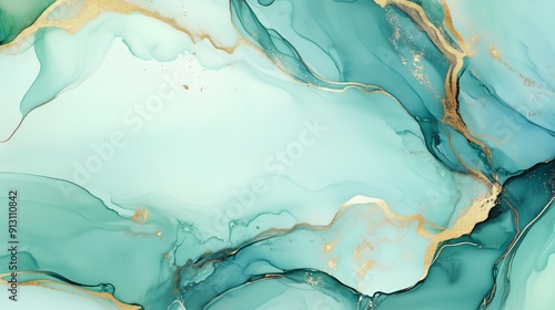 Alcohol ink with a gold leading edge in a delicate turquoise on a green and white background.