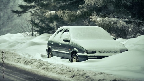 Abandoned Car in a Snowy Landscape