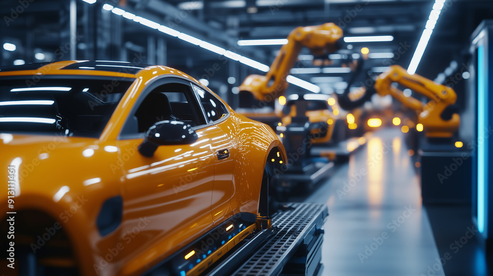 Technicians programming robotic arms for precise car assembly tasks in a modern factory Technicians programming robotic arms for precise car assembly tasks in a modern factory