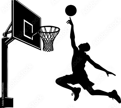 silhouette of basketball player in mid-air, extending his arm towards the hoop to score a point, vector, white background