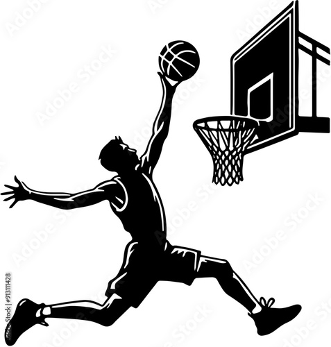 silhouette of basketball player in mid-air, extending his arm towards the hoop to score a point, vector, white background