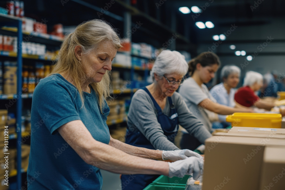 Obraz premium Concentrated female volunteers wearing gloves and working in packaging line at food bank