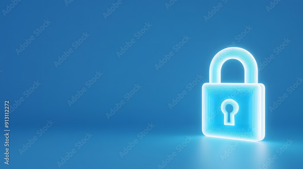Fototapeta premium Glowing blue neon padlock on a blue background, symbolizing security, protection, and digital safety in a modern visual style.