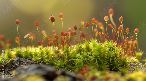 macro photography of a Grimmia pulvinata moss with a complete micro city of bugs and other insects photo