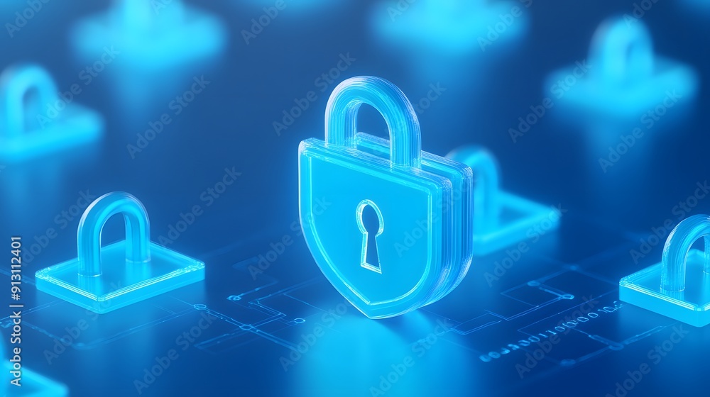 Glowing blue security padlock icons representing cyber security and data protection in a digital network. Glowing blue security padlock icons representing cyber security and data protection in a digital network.