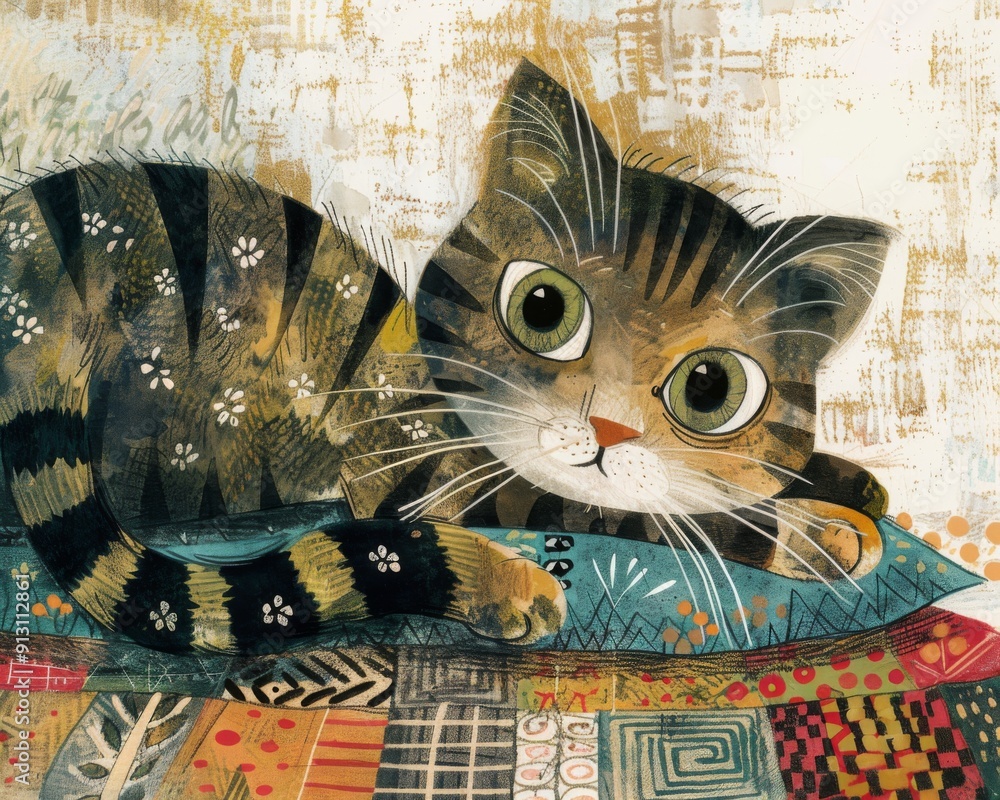 Fototapeta premium A cat is laying on a pillow with a flower pattern. The cat has a green eye and is looking at the camera. The image has a playful and whimsical mood, with the cat's bright green eye