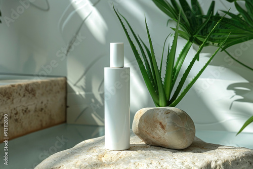 Aloe cosmetics. Aloe facial cleanser in a modern setting. Elegant white bottle with green aloe accents. Aloe plant subtly included in the scene photo