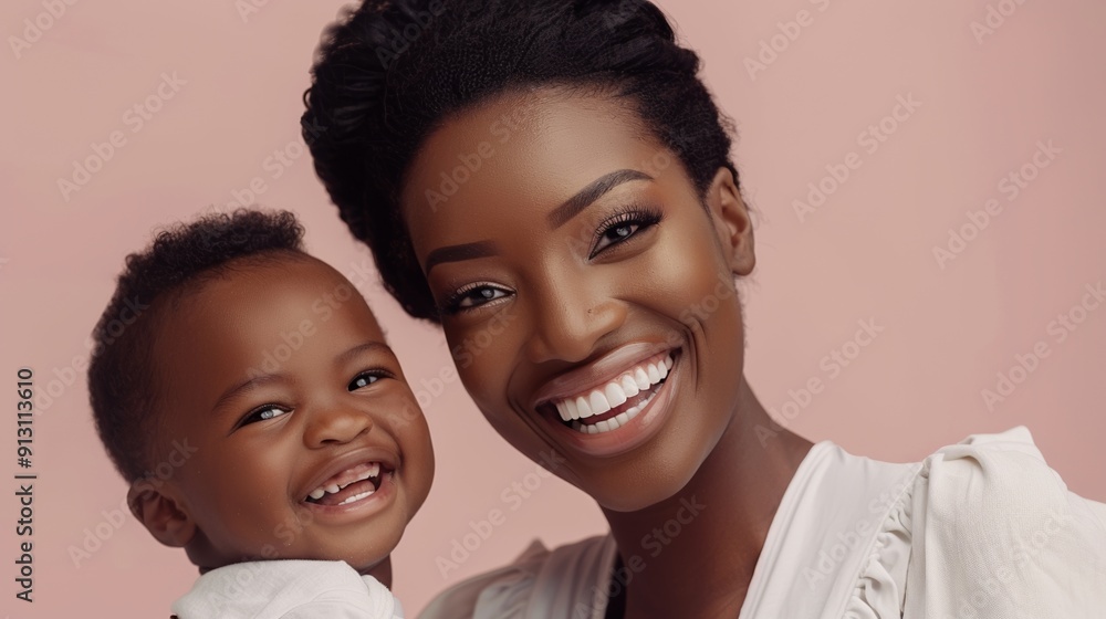 Studio image of an African American mother and her grinning baby, showcasing their joyful bond and affectionate relationship. Studio image of an African American mother and her grinning baby, showcasing their joyful bond and affectionate relationship.