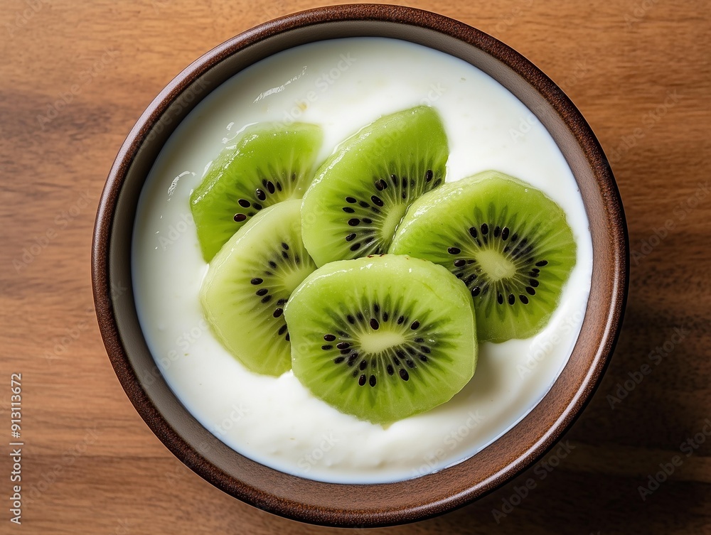 Photo of yogurt with kiwi slices in a bowl on a wooden table 6 Photo of yogurt with kiwi slices in a bowl on a wooden table 6