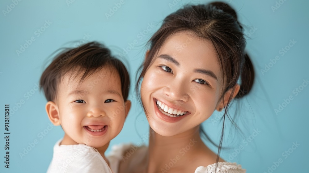 Warm studio portrait of an Asian mother and her happy baby, capturing their mutual love and gentle interactions Warm studio portrait of an Asian mother and her happy baby, capturing their mutual love and gentle interactions