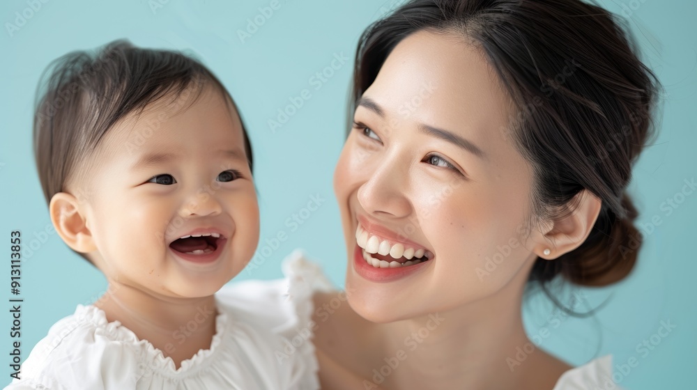 Tender studio shot of an Asian mother admiring her smiling baby, reflecting their deep emotional connection and affection. Tender studio shot of an Asian mother admiring her smiling baby, reflecting their deep emotional connection and affection.