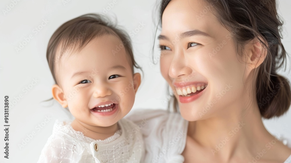 Tender studio photo of an Asian mother and her content baby, showcasing their affectionate relationship in a bright setting. Tender studio photo of an Asian mother and her content baby, showcasing their affectionate relationship in a bright setting.