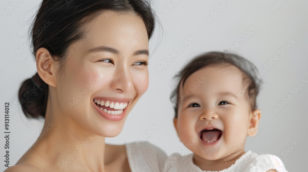 Asian mother and her delighted baby share a heartfelt moment in a softly lit studio portrait. Asian mother and her delighted baby share a heartfelt moment in a softly lit studio portrait.