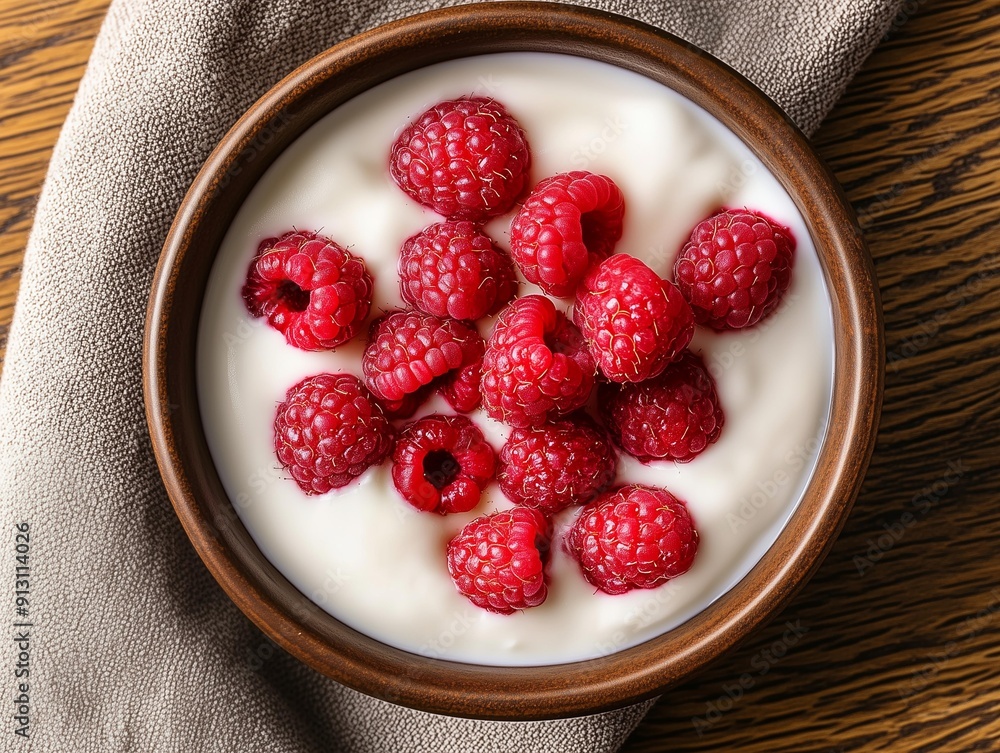 Photo of yogurt with raspberries in a bowl on a wooden table 3 Photo of yogurt with raspberries in a bowl on a wooden table 3