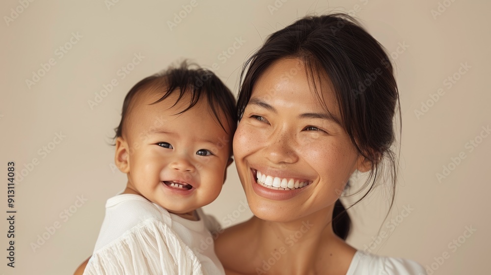 Joyful studio portrait of an Asian mother and her beaming baby, highlighting their deep emotional connection. Joyful studio portrait of an Asian mother and her beaming baby, highlighting their deep emotional connection.