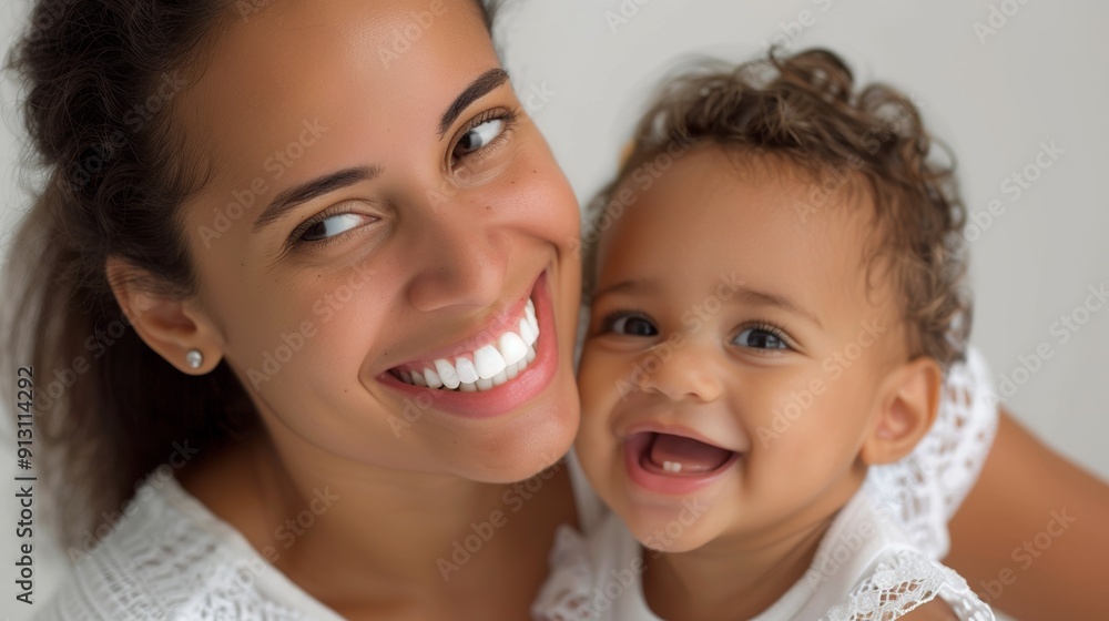 Joyful interaction between a Brazilian mother and her smiling baby, beautifully showcased in a light-filled studio. Joyful interaction between a Brazilian mother and her smiling baby, beautifully showcased in a light-filled studio.