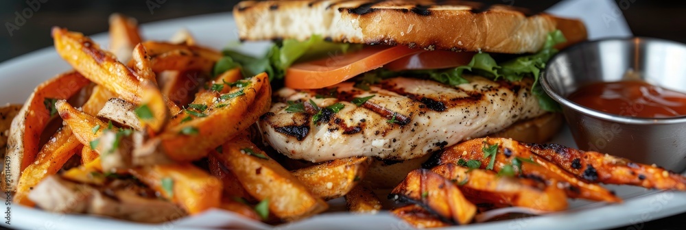 Grilled chicken sandwich served with sweet potato fries and housemade Thousand Island dressing Grilled chicken sandwich served with sweet potato fries and housemade Thousand Island dressing