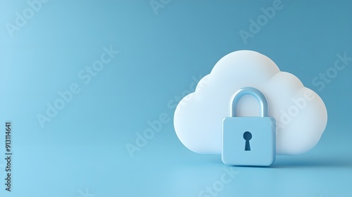 Minimalist image of cloud computing security with a padlock symbolizing data protection against a blue background.