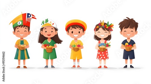 Cartoon kids celebrating Harmony Day with cultural costumes dances and foods