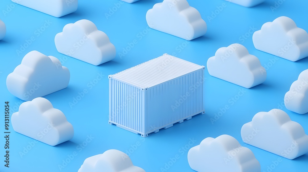 Minimalistic composition featuring a single blue container among white clouds on a bright blue background, representing cloud computing. Minimalistic composition featuring a single blue container among white clouds on a bright blue background, representing cloud computing.