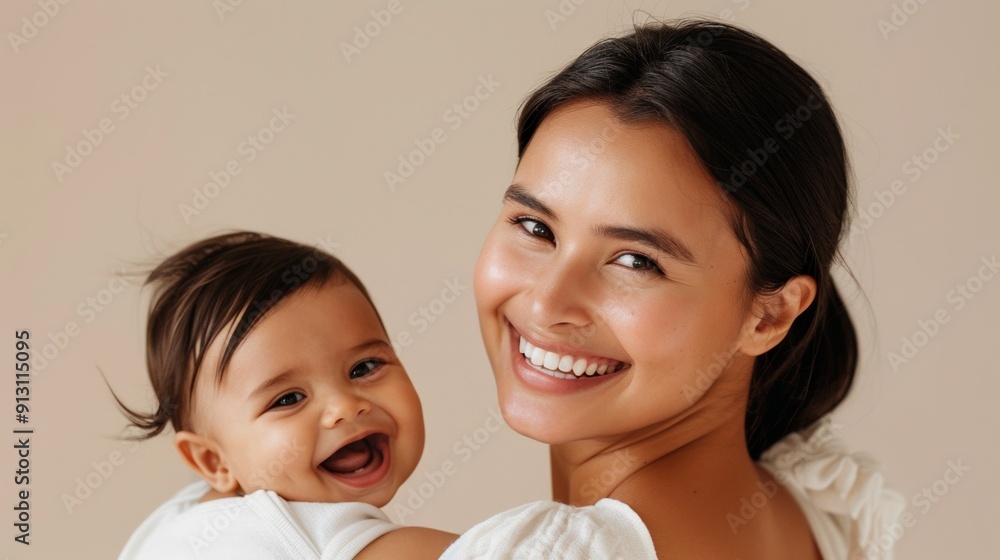 Heartfelt smiles of a mother and her delighted baby, radiating warmth in a bright studio. Heartfelt smiles of a mother and her delighted baby, radiating warmth in a bright studio.