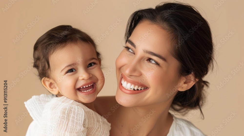 Loving moment between a mother and her beaming baby, radiating mutual affection in a bright studio setting. Loving moment between a mother and her beaming baby, radiating mutual affection in a bright studio setting.