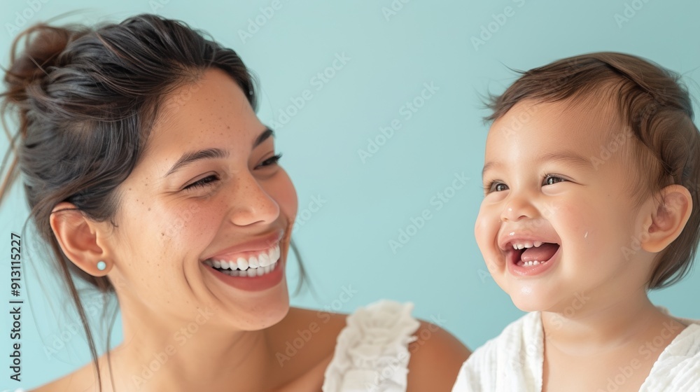 Gentle smiles shared between a mother and her cheerful baby, reflecting their affectionate bond. Gentle smiles shared between a mother and her cheerful baby, reflecting their affectionate bond.