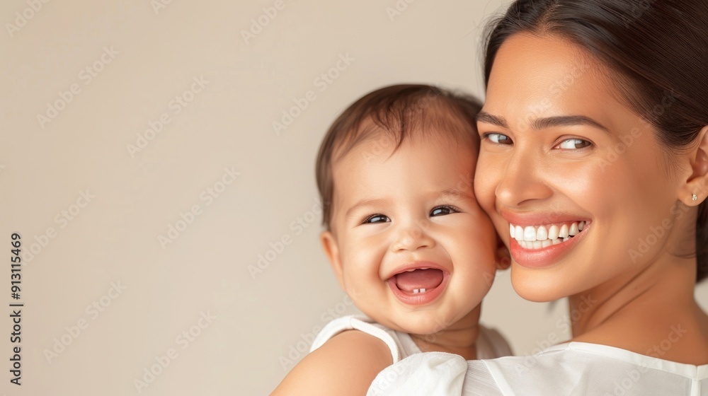 Loving bond between a mother and her joyful baby, highlighted in a light studio. Loving bond between a mother and her joyful baby, highlighted in a light studio.