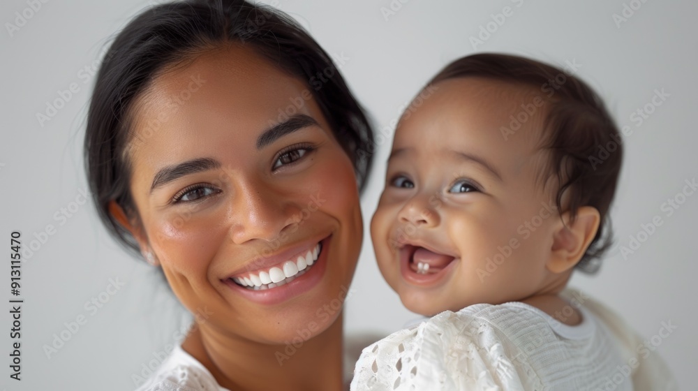 Warm and tender interaction of a mother and her smiling baby, beautifully showcased in a serene studio. Warm and tender interaction of a mother and her smiling baby, beautifully showcased in a serene studio.