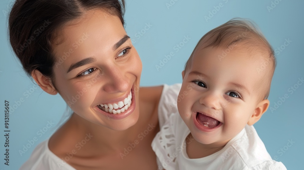 A mother smiles tenderly at her baby, their bond captured beautifully in a bright studio. A mother smiles tenderly at her baby, their bond captured beautifully in a bright studio.