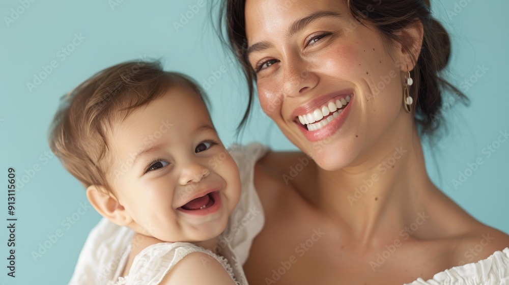 Mother and baby sharing a joyful smile, highlighting their loving bond in a bright studio. Mother and baby sharing a joyful smile, highlighting their loving bond in a bright studio.