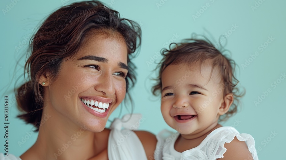 In a serene studio setting, a mother and her happy baby share a heartwarming moment. In a serene studio setting, a mother and her happy baby share a heartwarming moment.