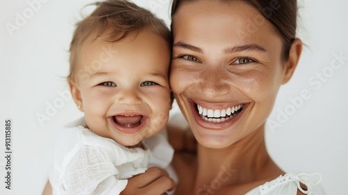 Highlighting their strong connection, a heartfelt studio portrait of a mother and her happy baby.