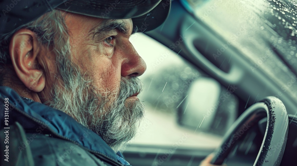 Closeup of a middle-aged driver, rain outside, thoughtful expression. Closeup of a middle-aged driver, rain outside, thoughtful expression.