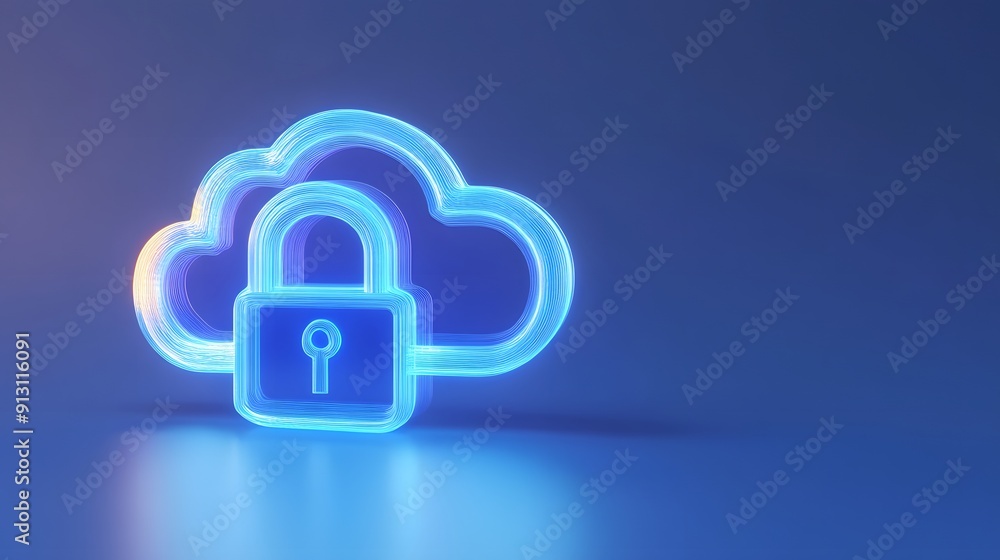 Neon cloud with padlock symbolizing cloud security and data protection. Blue gradient background enhancing modern technology concept. Neon cloud with padlock symbolizing cloud security and data protection. Blue gradient background enhancing modern technology concept.