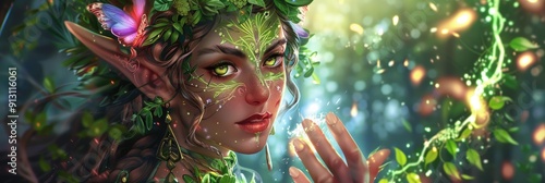 Realistic enchanting summer sorceress in cheerful spirits
