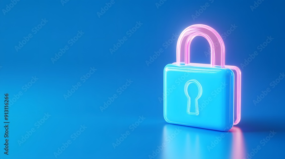 Neon padlock symbolizing digital security on a blue background, representing protection, privacy, and cybersecurity concepts. Neon padlock symbolizing digital security on a blue background, representing protection, privacy, and cybersecurity concepts.
