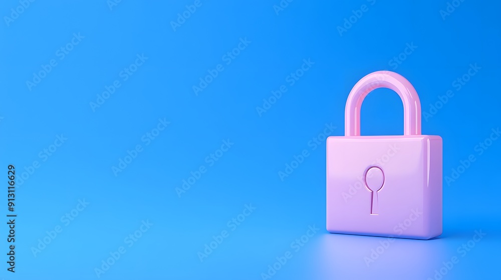 Pink padlock on a blue background symbolizing security and privacy. Minimalistic design. Copy space on the left. Pink padlock on a blue background symbolizing security and privacy. Minimalistic design. Copy space on the left.