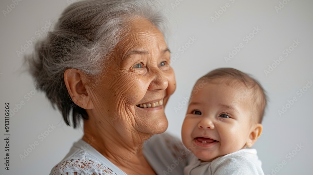 Studio photograph of a grandmother smiling at her beaming baby, illustrating their affectionate relationship and shared happiness. Studio photograph of a grandmother smiling at her beaming baby, illustrating their affectionate relationship and shared happiness.